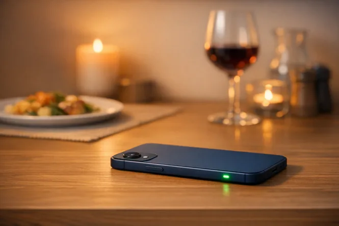 Entspannter Feierabend am Esstisch mit beiseite gelegtem Smartphone