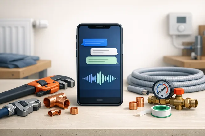 KI Telefonassistent auf Smartphone in Handwerker-Werkstatt mit Werkzeugen
